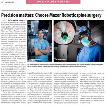 Dr. Payam Moazzaz is featured in the Carlsbad Business Journal discussing the benefits to patients when robotics technology is used in spine surgery