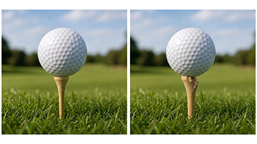 golf ball on an intact tee beside a golf ball on a broken tee, an analogy for glenoid bone loss in shoulder instability