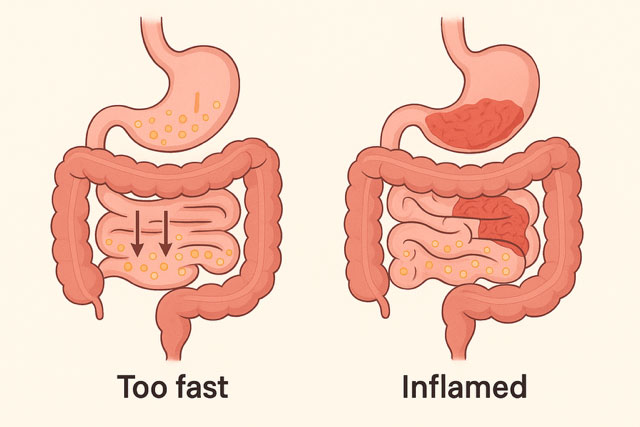 Diagram showing two main mechanisms of diarrhoea: fast gut transit and inflamed intestinal lining causing poor absorption.