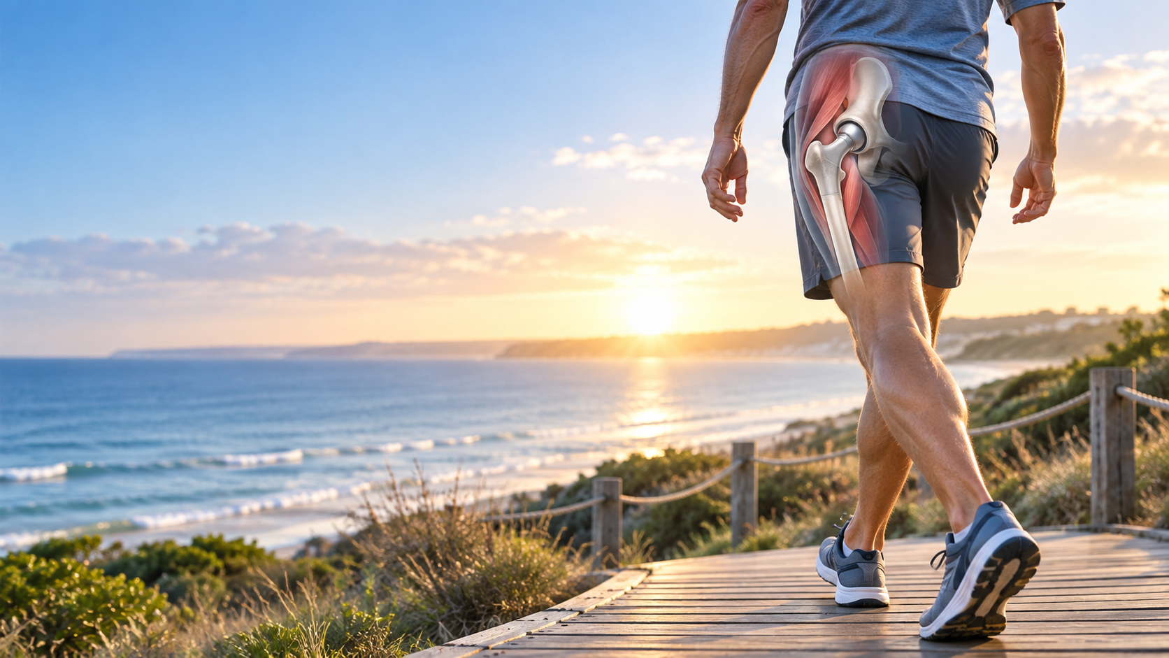 Illustration of an adult walking beside the coast with a stylized hip replacement overlay.
