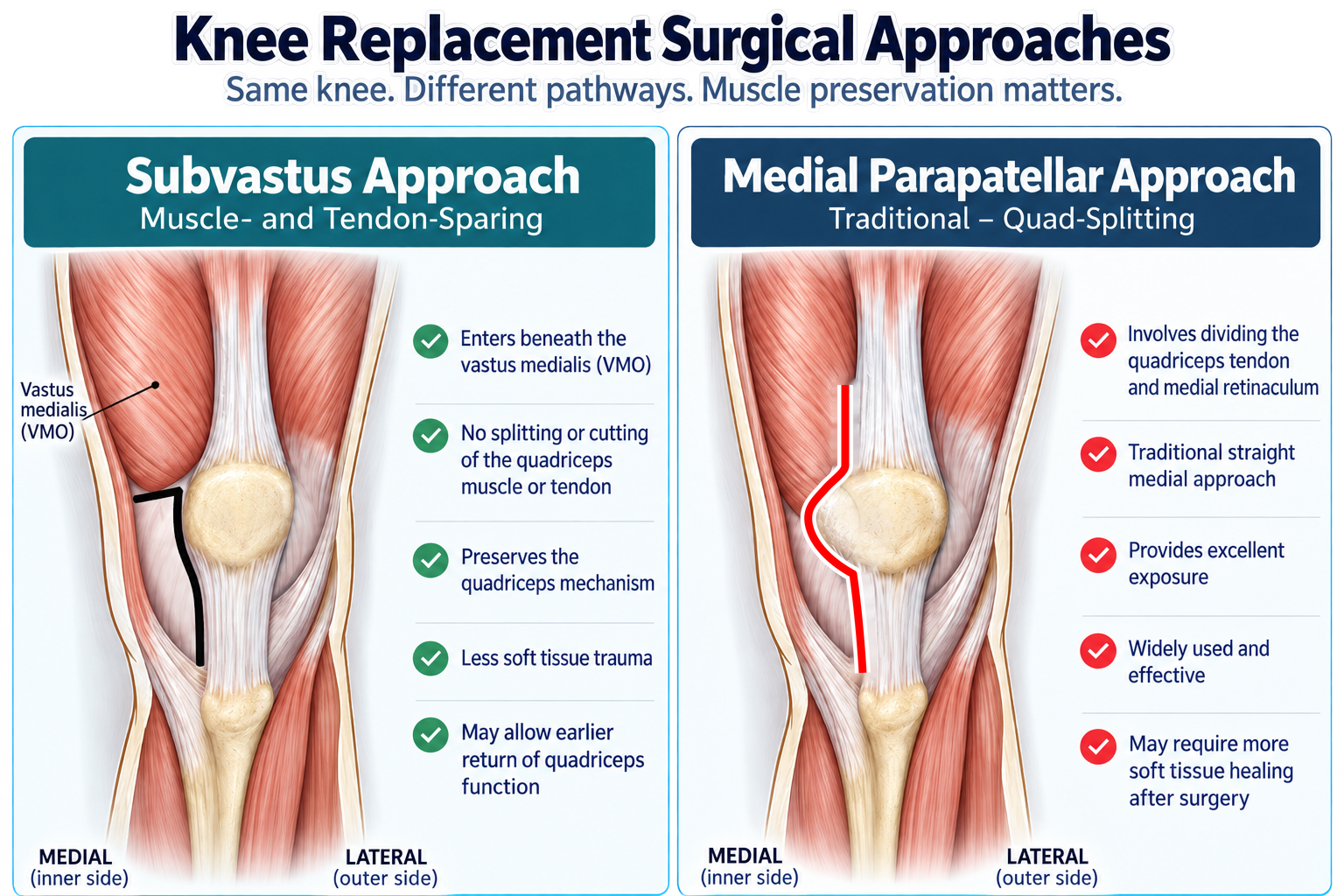 Side-by-side knee approach illustration: the black subvastus line passes beneath the vastus medialis; the red medial parapatellar line follows the inner border of the kneecap.