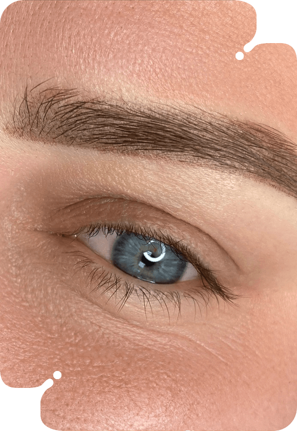 Close-up of a woman's blue eye with refined, laminated brows.