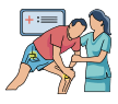 A nurse supports a patient with a knee injury during recovery and follow-up in a healthcare environment.